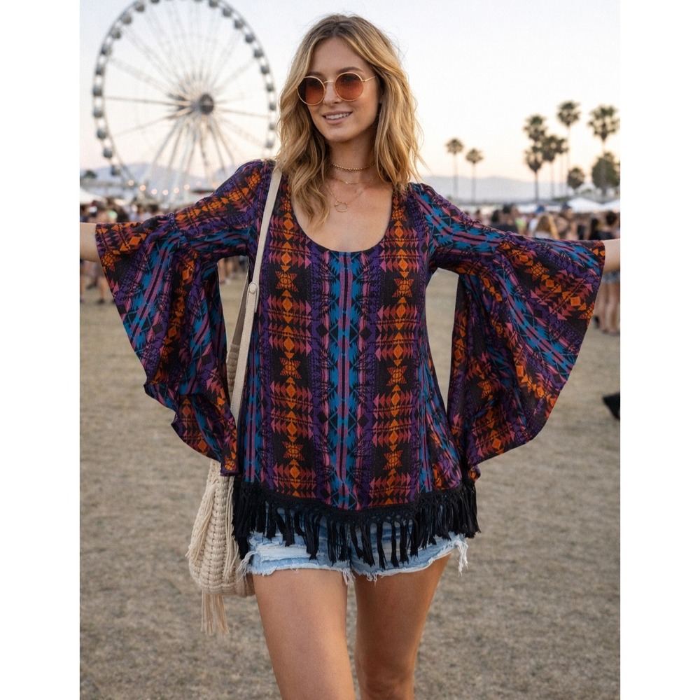 Gypsy Junkies Aztec Geometric Fringe Bell Sleeve Open Back Top Festival hippie